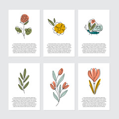 Spring cards with flowers, butterfly and text. Line art