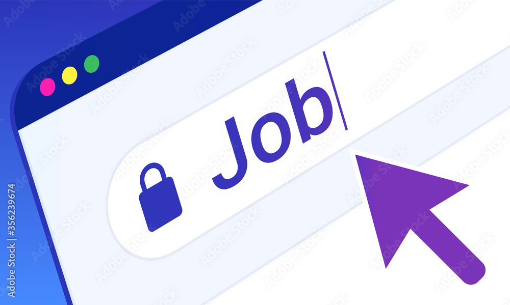 Poster Job search - Word typed in search field of browser window, and mouse cursor pointing. Searching for work online, unemployed and unemployment concept. Vector illustration.