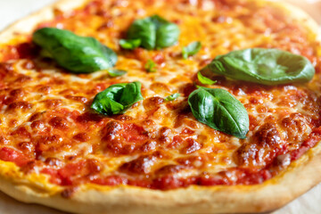 Close-up detail shallow focus view of baked tasty hot homemade italian Margarita pizza on baking paper just picked from oven. Melted mozzarella cheese , tomato sausw and fresh green basil topping