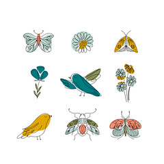 Spring cards with flowers, insects, bird and butterfly. Line art