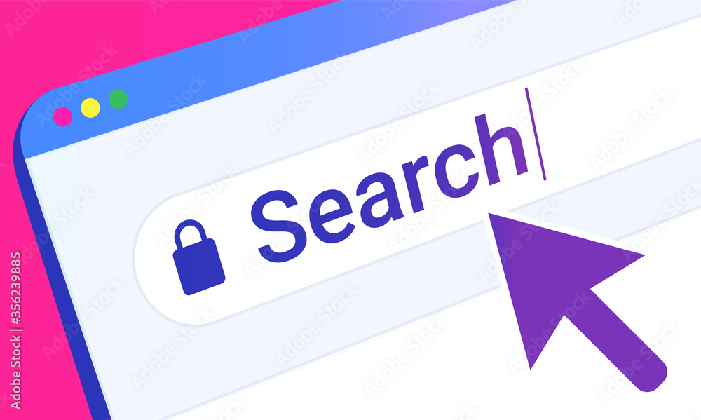 Poster Internet search - Search bar in top of browser window with mouse pointing at the word. Vector illustration.