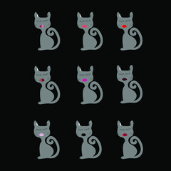 Beautiful dark grey cartoon cats with black eyelashes, multicolour lips on a white background for logo design