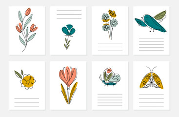 Spring cards with flowers, insects, bird and text. Line art