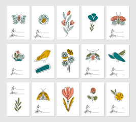 Fototapeta na wymiar Spring tags and cards with flowers, insects,birds. Line art