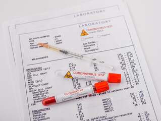 Test tube Covid-19 containing a blood sample on the forms for the coronovirus test analyzing. Laboratory patient’s blood