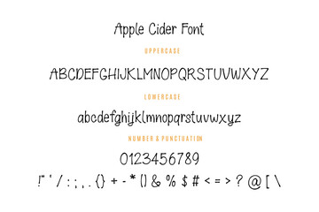 Hand drawn font with numbers and punctuation isolated on white