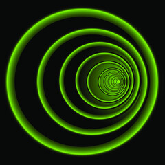 Vortex wave optical illusion lime green and black neon light in black background.