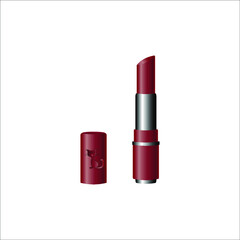 Obraz premium Red-Maroon colour Lipsticks in same colour and silver packaging with opened same coloured cap isolated on white background with cutie cat logo on the cap