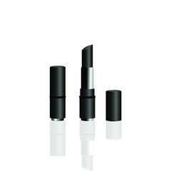 Obraz premium Black charcoal colour Lipsticks in silver and black packaging with opened and closed black cap isolated on white background.