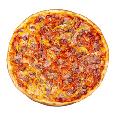 tasty pizza on a wooden board. italian food isolated on the white background