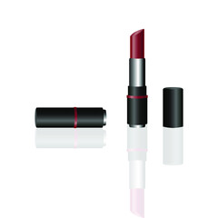 Obraz premium Red - Maroon colour Lipstick in silver and black packaging with opened and closed black cap isolated on white background.