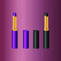 Obraz premium Purple and black colour Lipsticks in gold and black packaging with opened purple and black cap isolated on multicolour pink and darker pink gradient background.