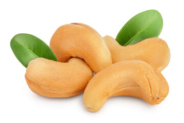 Roasted Cashew nuts with leaf isolated on white background with clipping path and full depth of field.
