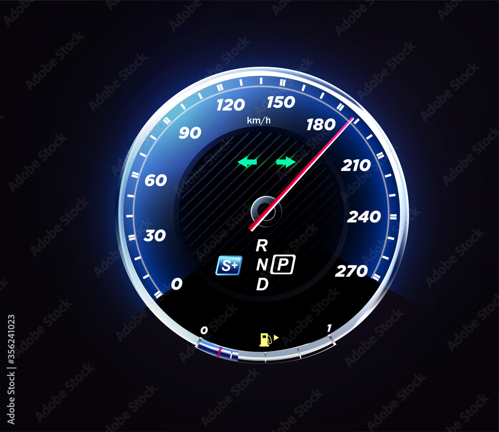 Leinwandbilder Realistic vector car speedometer interface. Dashboard panel for auto. Car odometer speed counter dial meter.  Futuristic blue speedometer. Vector illustration
