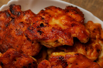 Homemade chicken cutlets. The plate is full of delicious chicken meatballs prepared for food. Fried...