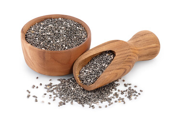Chia seeds in wooden bowl isolated on white background with clipping path and full depth of field.