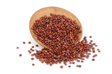 red quinoa seeds in wooden bowl isolated on white background with clipping path and full depth of field
