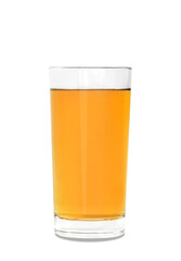 Transparent glass with Apple juice on a white isolated background, close-up
