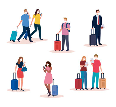 people with medical masks and bags design, Cancelled flights travel and airport theme Vector illustration