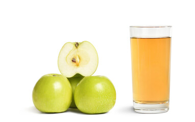 Fototapeta na wymiar Bright and ripe green apples and a glass with juice on a white isolated background with copy space