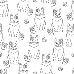 Seamless pattern with cute cats on a white background, coloring page