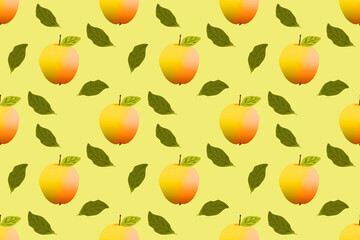 Seamless pattern with apples and leaves on a light yellow background. For paper, covers, fabrics, gift wrapping, interior decoration. Simple design pattern for surface.