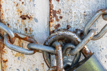 Old Padlock Close Up View with Rust on White Gate Vintage Secure Concept