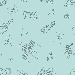 Seamless pattern with simple space icons hand-drawn. Asteroids, spaceships, UFOs and other celestial bodies. Vector illustration on a clean colorful background.