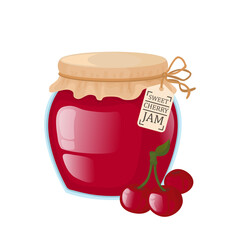 Glass jar with cherry jam. Bright vector illustration of cherry jam. 