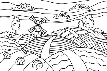 Coloring page with landscape with agricultural fields and a mill. Vector illustration. Antistress, meditation for kids and adults