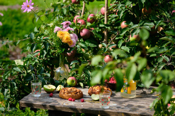 Apple pies on an old wooden table under an apple tree in a village. Bright sunny day and tasty homemade dessert with compote.