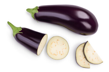 Eggplant or aubergine with slices isolated on white background. Clipping path and full depth of...