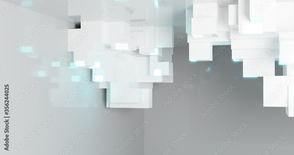Poster 3d rendering. abstract background. modern geometric cubes with neon elements in a light room. minima