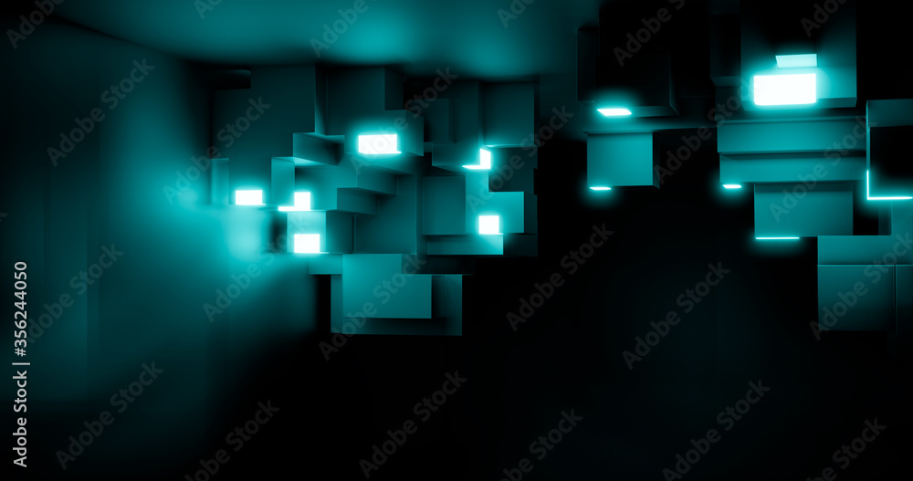 Aufkleber 3d rendering. abstract background. modern geometric cubes with neon elements in a dark room. minimal