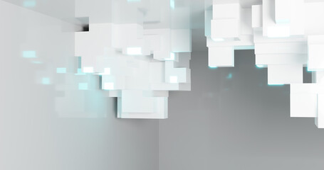 Obraz premium 3d rendering. Abstract background. Modern geometric cubes with neon elements in a light room. Minimalistic design for poster, cover, branding, banner, poster.