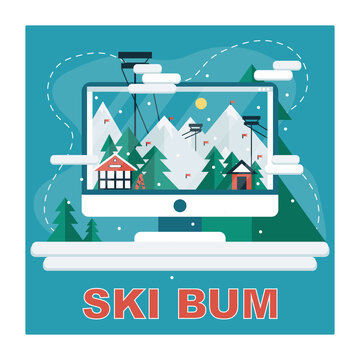 Winter vacation in computer screen with landscape. Ski mountain resort in flat cartoon design with funiculars, mountains, house, trees and snow. Ski resort in  winter time. Vector stock illustration.