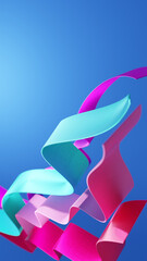 Young, feminine, dynamic design. Vibrant pink and cyan ribbons over blue background. Abstract 3D design.