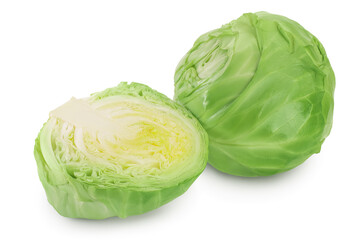 Green cabbage with half isolated on white background with clipping path and full depth of field.