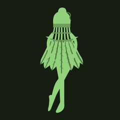 Green ballerina in a shuttlecock dress on a dark green background vector cartoon