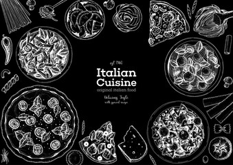 Pizza, pasta and ravioli cooking and ingredients for pizza, pasta and ravioli , sketch illustration. Italian cuisine frame. Food menu design elements. Pizza and pasta hand drawn frame. Italian food.