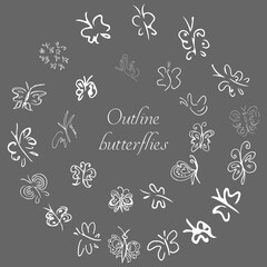 Set of hand drawn butterflies. Set of coloring butterflies, isolated white background. Doodle style. Black and white fantasy cartoon moths. Vector hand drawing collection. Line art doodle collection.