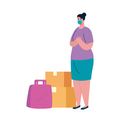 Woman client with mask boxes and bag design, Safe delivery logistics and transportation theme Vector illustration