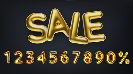 3D Realistic golden inscription sale. Set off discount promotion sale made of realistic 3d gold balloons. Number in the form of golden balloons. Vector