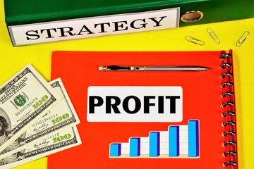 Profit strategy-a text label and a chart of financial revenue growth on a form in the Manager's...