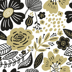 Vector floral seamless pattern gold and black colors. Flat flowers, petals, leaves with and doodle elements. Collage style botanical background for textile and surface. Cutout paper design.