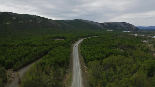 Kolyma highway. The Far East of Russia. The route runs through the picturesque places, between the hills.