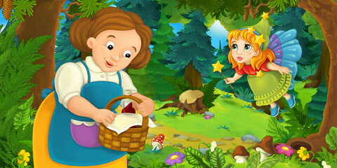 Obraz na płótnie Canvas cartoon scene with young girl and happy dog in the forest going somewhere and fairy flying over - illustration