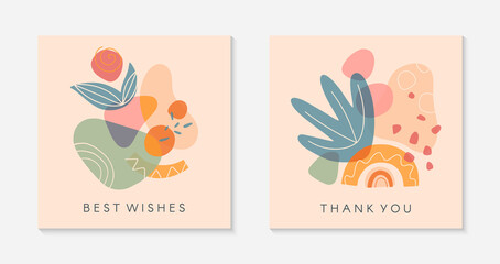 Naklejka premium Set of creative universal artistic cards.Modern vector illustrations with hand drawn organic shapes and textures.Trendy contemporary design for prints,flyers,banners,brochures,invitations,covers.