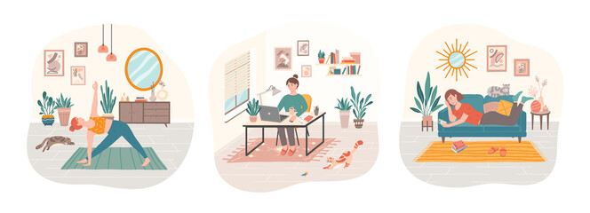 Obraz premium Bundle of daily life scenes.Set of women doing yoga, surfing internet, working at home with their domestic cats.Everyday leisure and work activities.Flat cartoon vector illustrations.