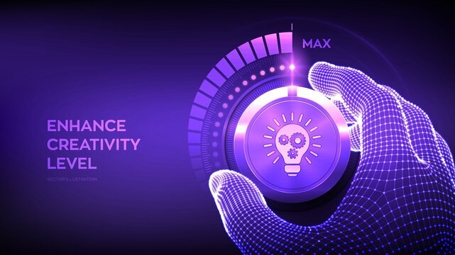 Increasing Creativity Level. Wireframe hand turning a Creativity levels knob button to the maximum position. Innovative and Solution. Idea and imagination. Creative mode concept. Vector illustration.